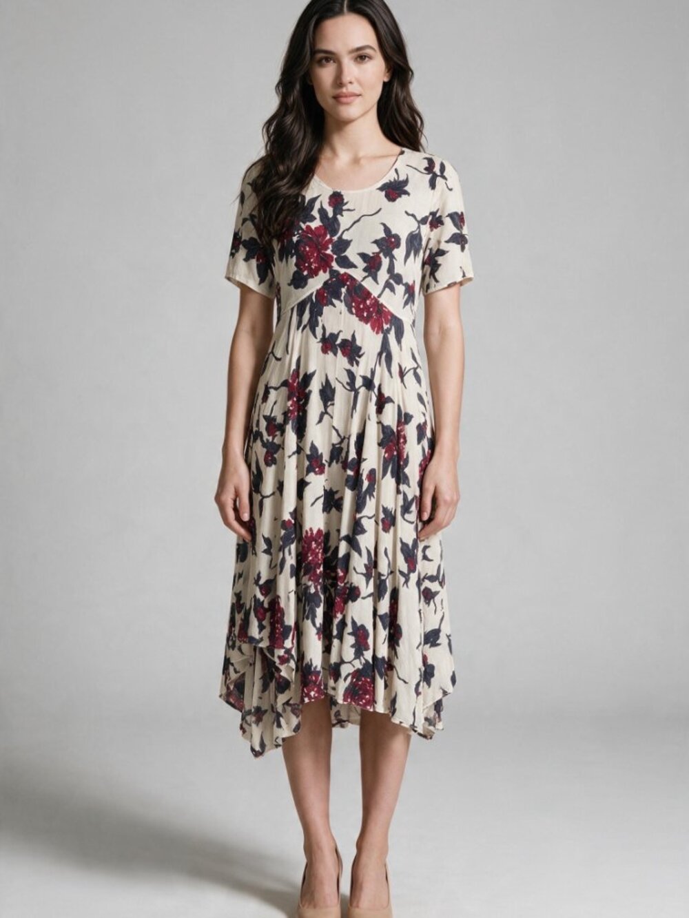 Free People Ivory Floral Midi Dress M Boho Romantic Open Back Handkerchief Hem